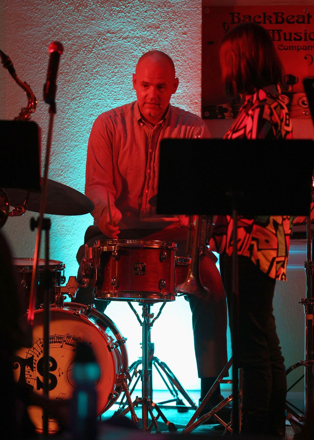 Dr. Shuey on drum set at a jazz combo performance