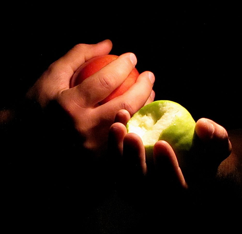Two hands in shadow, one holding a red apple and one offering a bitten green apple