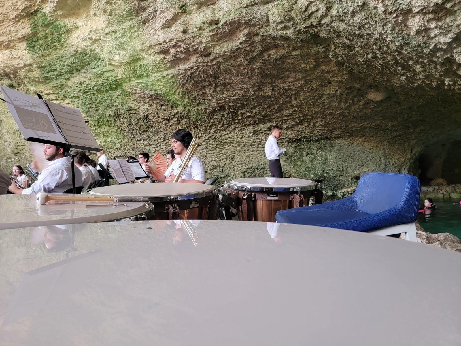 Timpani set up for a concert inside a cave, 2021