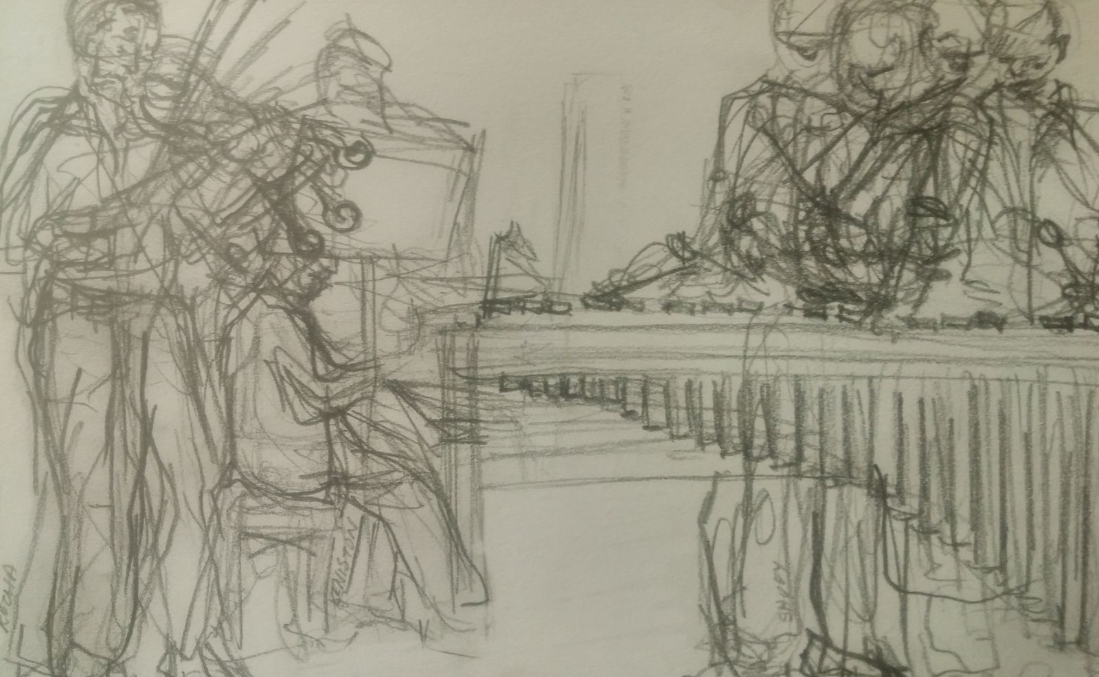 Pencil sketch of musicians playing marimba and strings