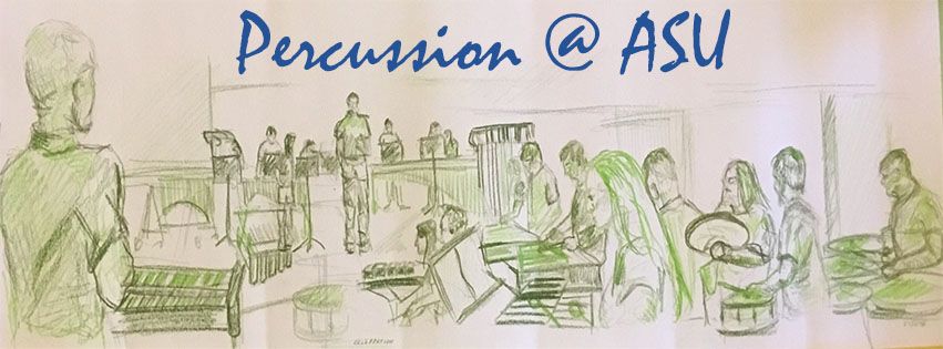 Sketch of the ASU Percussion Ensemble in performance, titled Percussion @ ASU