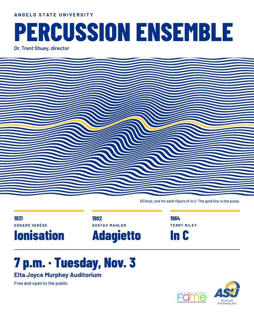 Poster: ASU Percussion Ensemble, Varèse Ionisation, Mahler Adagietto, Riley In C, 7 p.m. Tuesday, Nov. 3, Elta Joyce Murphey Auditorium, free