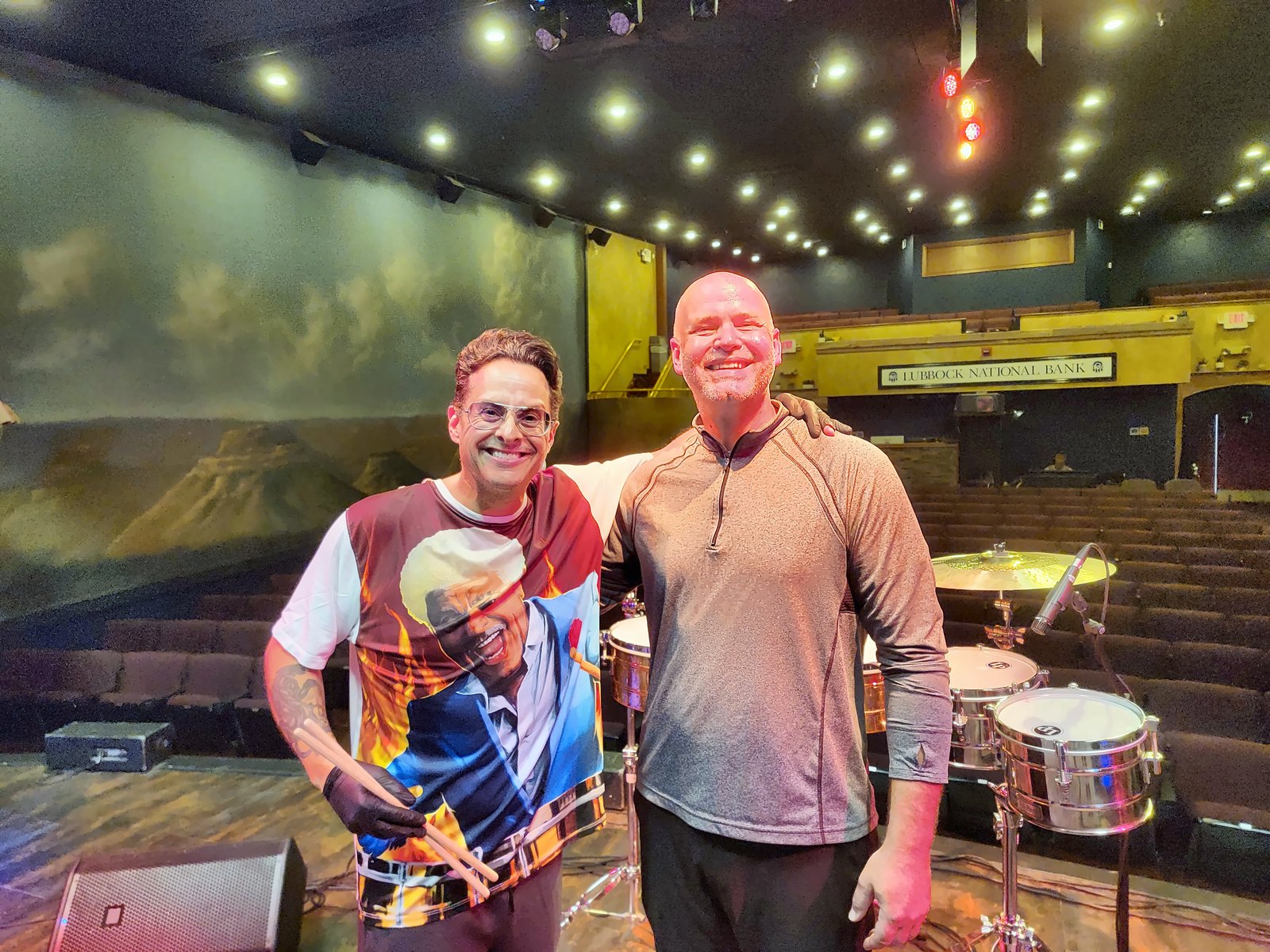 Dr. Shuey on stage in Lubbock before the Tito Puente Jr. show, May 2026